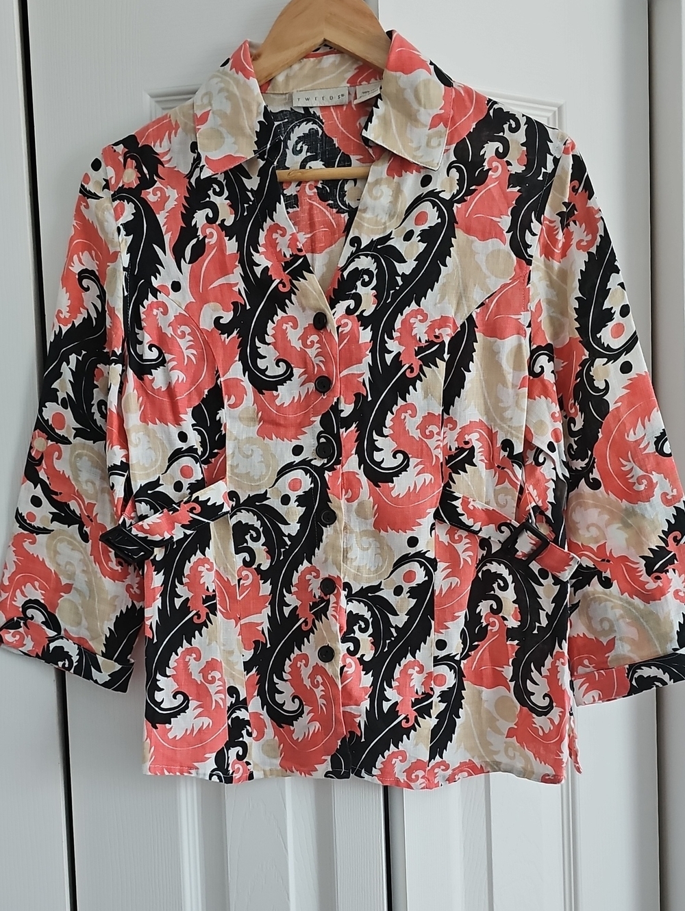 Linen Paisley Button-Up Shirt, 100% Linen, 3/4 Sleeve, Multicolor, Size M